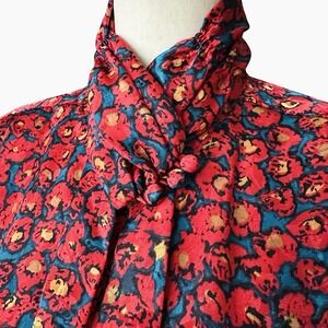 Vintage 80s High Collar Blouse Womens Sz 8 Red Floral Multicolor Secretary Geek